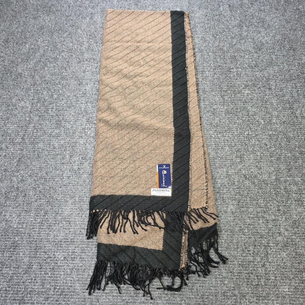 Pashmina Cashmere Silk Shawl Scarf Wrap Women's Tan Black Fringe Quirinus New